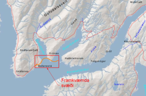 Mynd af framkvæmdasvæði. Verkið snýst um nýbyggingu Vestfjarðavegar á um 3,6 km kafla. Innifalið í verkinu er bygging um 119 m langrar bráðabirgðabrúar yfir Gufufjörð.