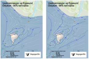 Vestmannaeyjar og Eyjasund - öldukort 90% og 98% kennialda.